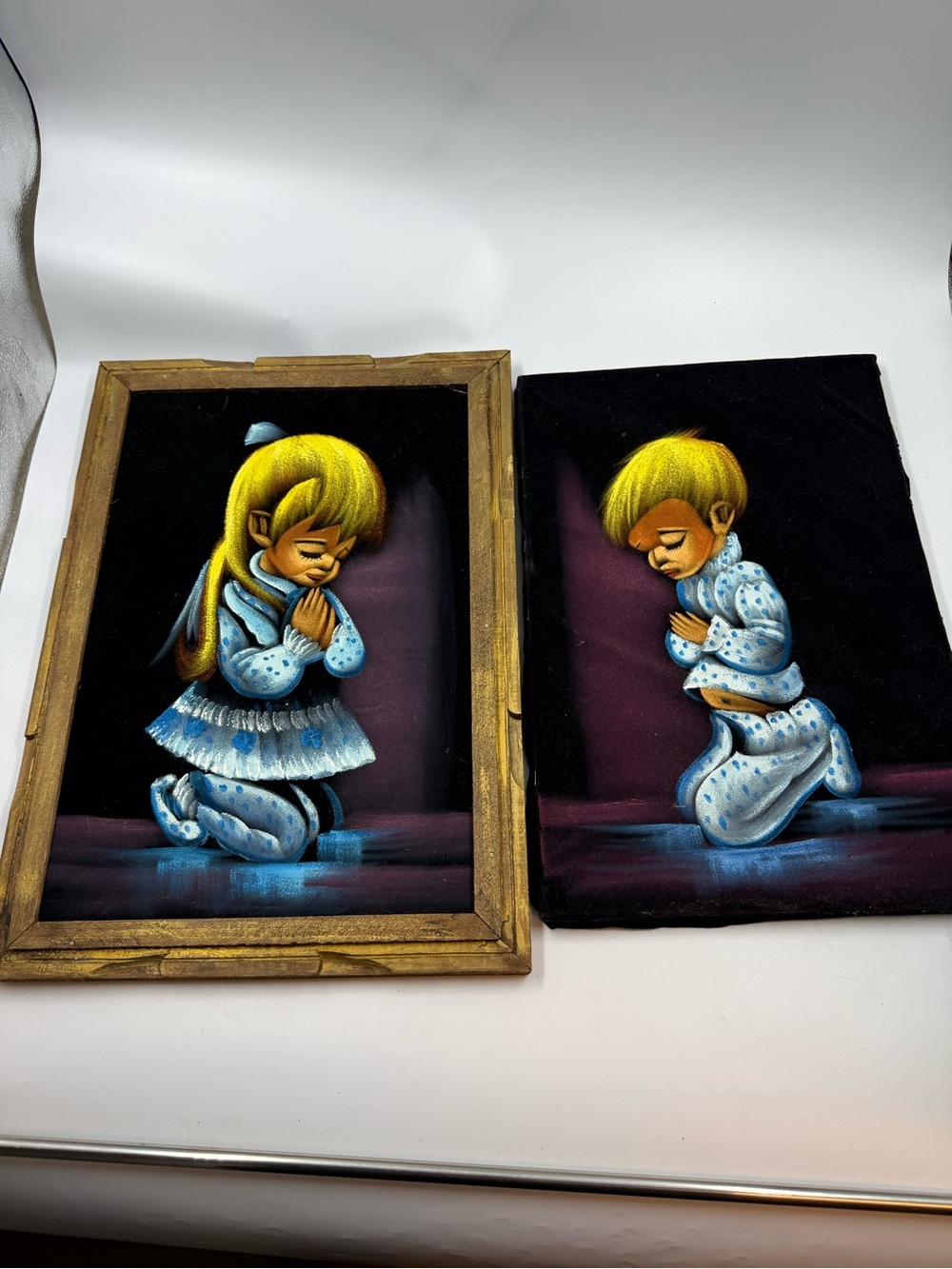 Vintage black velvet painting x 2 praying boy & girl 20 x 14 inch